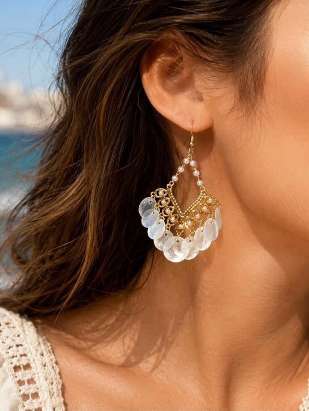 Boho Pearl Shell Dangle Drop Chandelier Statement Earrings